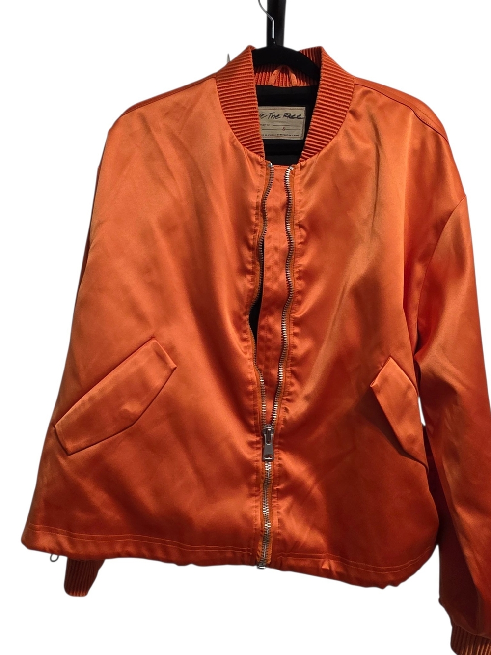 Free People Echo Bomber Jacket Orange Satin Oversized Zip Up Boho Streetwear S